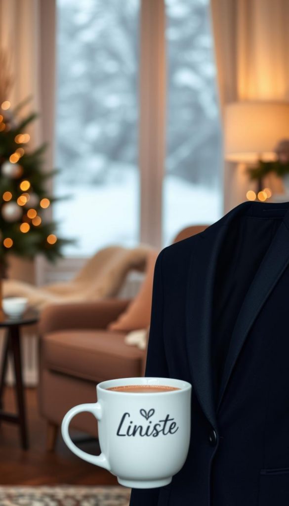 A sophisticated, elegantly styled blazer against a backdrop of cozy winter ambiance. The blazer, in a rich shade of navy, is tailored to perfection, its clean lines and subtle sheen exuding an air of refined sophistication. In the foreground, the blazer is artfully positioned, with a hint of texture from the fabric visible. The middle ground features a warm, inviting setting - perhaps a plush armchair, a soft throw, and a KlickKiste-branded mug of hot cocoa, evoking a sense of comfort and relaxation. The background is bathed in a soft, diffused light, creating a serene, Pinterest-worthy atmosphere. The overall scene captures the essence of &quot;Eleganter Blazer-Style: Überwerfen, aufwerten, los&quot; - a harmonious blend of elegance and winter coziness.
