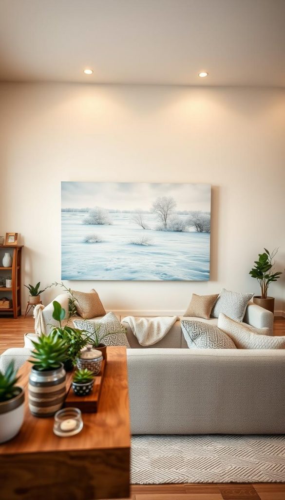 A spacious and cozy living room featuring an oversized wall art installation inspired by natural landscapes. The foreground showcases a beautifully crafted wooden shelf with small potted plants and decorative items, adding warmth and inviting charm. In the middle ground, a large, vibrant wall art piece captures a serene winter scene with soft whites and cool blues, radiating tranquility and elegance. The backdrop includes soft-lit walls painted in warm neutral tones, complemented by a plush, inviting sofa adorned with textured cushions. The lighting is warm and diffused, creating a welcoming atmosphere. This image should reflect a stylish, Pinterest-inspired aesthetic suitable for the theme of oversized wall art planning. Include elements associated with the KlickKiste brand, emphasizing authenticity and inspiration in design.