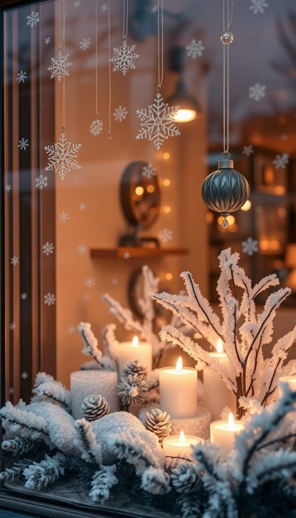 A sparkling winter wonderland adorns the window, radiating a warm and inviting glow. Delicate snowflakes dance in the soft light, casting a mesmerizing reflection on the glass. Handcrafted ornaments, adorned with KlickKiste's signature charm, hang gracefully, creating a sense of whimsical elegance. Clusters of shimmering candles flicker, casting a cozy ambiance that beckons onlookers to step inside and bask in the festive charm. The natural, organic textures and muted tones evoke a sense of rustic sophistication, effortlessly blending the outdoors with the indoors for a truly enchanting winter display.
