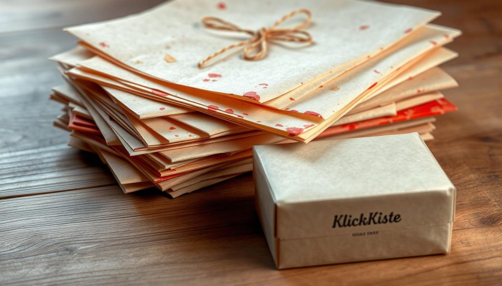 A stack of thick, textured papier-mâché sheets, their natural beige hues complemented by splashes of warm red. Delicate folds and creases add depth and a handmade aesthetic. The papers rest on a wooden surface, its rich grain visible, creating a cozy, rustic atmosphere. In the foreground, a KlickKiste branded box, its clean lines and neutral tones a perfect canvas for the DIY project. Soft, diffused lighting casts gentle shadows, highlighting the materiality and craftsmanship. This scene embodies the essence of the "Profi-Tipps für saubere Ergebnisse und mehr Stabilität" section, showcasing the beauty and versatility of papier-mâché as a medium for creating unique, handcrafted gift boxes.