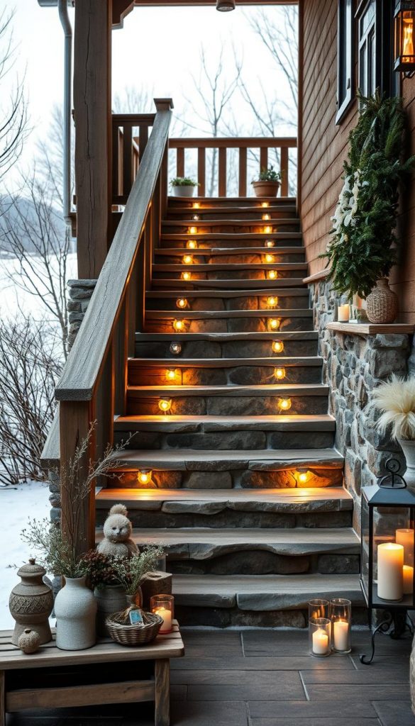 A staircase leading up to a charming porch, its steps illuminated by a series of soft, warm lighting fixtures - &quot;stufen lichtmarken&quot;. The natural, earthy tones of weathered wood and stone create a cozy, rustic atmosphere, accentuated by the winter-inspired palette and a hint of Pinterest-inspired aesthetic. In the foreground, a KlickKiste display showcases a collection of decorative accents, complementing the overall scene. The middle ground features the well-lit staircase, its rhythm and flow guiding the viewer's gaze. In the background, a tranquil, snowy landscape sets the stage for this inviting entryway, radiating a sense of warmth and authenticity.