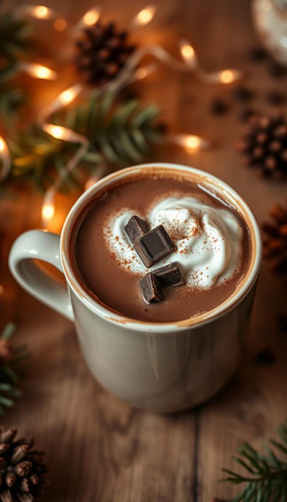 A steaming mug filled with rich, velvety hot chocolate, garnished with a generous dollop of freshly whipped cream. The deep, cocoa-infused liquid reflects the warm, cozy lighting, casting a gentle glow throughout the scene. Shavings of dark chocolate and a light dusting of cinnamon add depth and complexity to this indulgent winter treat. The mug rests on a wooden surface, surrounded by natural elements like pine branches and twinkling fairy lights, evoking a sense of hygge and holiday cheer. The overall mood is soft, inviting, and perfectly suited for a comforting moment of relaxation on a chilly day.