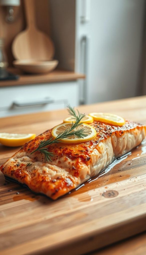 A steaming, oven-roasted salmon fillet rests on a wooden cutting board, its golden-brown exterior glistening with a crisp, caramelized crust. Sprigs of fresh dill and thin lemon slices artfully adorn the fish, lending a touch of elegant simplicity. The scene is bathed in warm, soft lighting, creating a cozy, inviting atmosphere. In the background, a minimalist, Scandinavian-inspired kitchen setting with natural wood tones and a muted color palette sets the stage for this comforting, yet refined, oven-baked salmon dish.