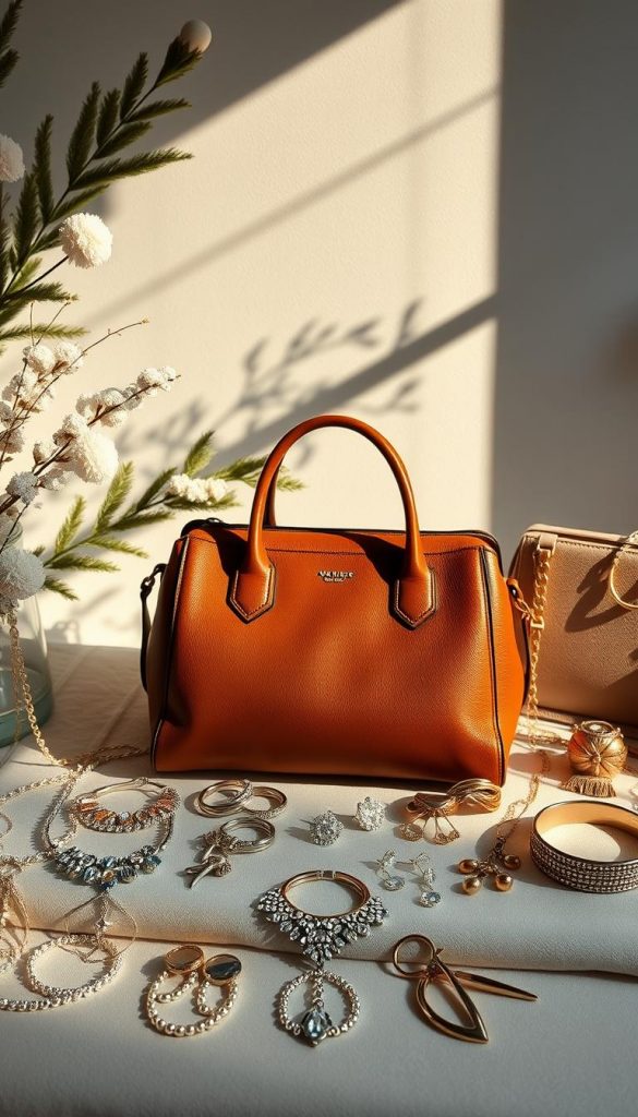 A still life arrangement of elegant accessories, sparkling jewelry, and chic handbags, bathed in warm, natural lighting. The foreground features a collection of shimmering necklaces, bracelets, and earrings arranged artfully on a soft, textured surface. In the middle ground, a luxurious leather handbag takes center stage, its rich hue complemented by surrounding metallic accents. The background showcases a minimalist, winter-inspired backdrop, with subtle hints of greenery and cozy textures, creating a serene, Pinterest-worthy ambiance. The overall composition exudes a sense of effortless style and sophistication, perfect for inspiring stylish Silvester outfits. A still life arrangement of elegant accessories, sparkling jewelry, and chic handbags, bathed in warm, natural lighting. The foreground features a collection of shimmering necklaces, bracelets, and earrings arranged artfully on a soft, textured surface. In the middle ground, a luxurious leather handbag takes center stage, its rich hue complemented by surrounding metallic accents. The background showcases a minimalist, winter-inspired backdrop, with subtle hints of greenery and cozy textures, creating a serene, Pinterest-worthy ambiance. The overall composition exudes a sense of effortless style and sophistication, perfect for inspiring stylish Silvester outfits.