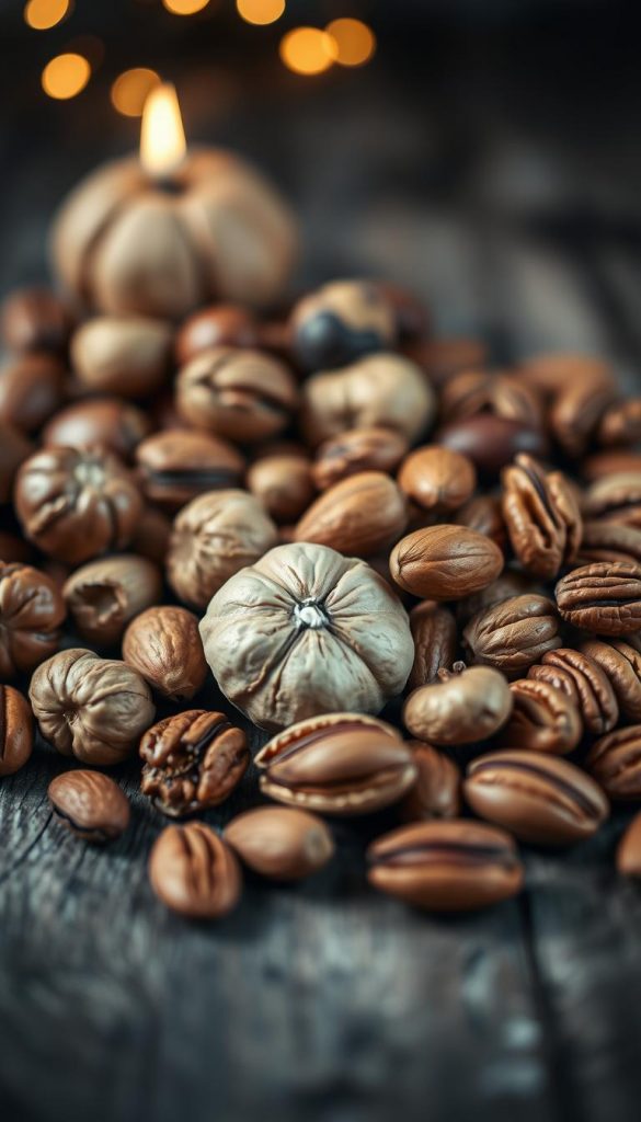 A still life arrangement of seasonal nuts on a rustic wooden surface, softly lit with warm ambient light. Hazelnuts, walnuts, almonds, and pecans are displayed in a KlickKiste-styled composition, evoking a cozy, homemade, and inviting atmosphere. The image has a natural, DIY aesthetic with muted, earthy tones, evoking the feeling of a Pinterest-inspired winter scene. Selective focus draws the eye to the delicate textures and shapes of the different nuts, creating a visually appealing and inspirational scene. A still life arrangement of seasonal nuts on a rustic wooden surface, softly lit with warm ambient light. Hazelnuts, walnuts, almonds, and pecans are displayed in a KlickKiste-styled composition, evoking a cozy, homemade, and inviting atmosphere. The image has a natural, DIY aesthetic with muted, earthy tones, evoking the feeling of a Pinterest-inspired winter scene. Selective focus draws the eye to the delicate textures and shapes of the different nuts, creating a visually appealing and inspirational scene.