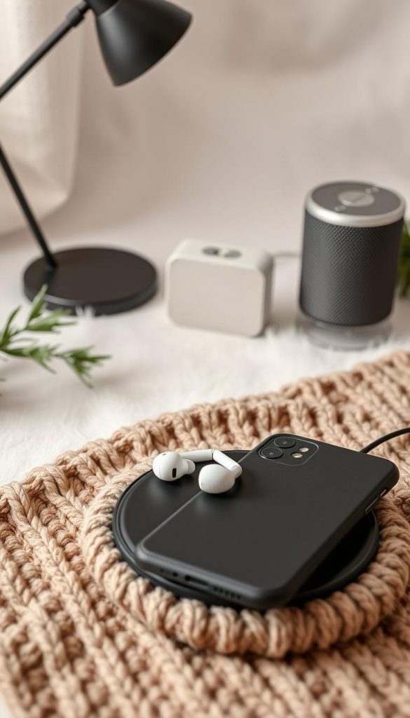 A still life arrangement of tech accessories from the KlickKiste brand, captured with a warm, natural, and inviting aesthetic. In the foreground, a wireless charging pad, earbuds, and a stylish phone case sit atop a cozy, knitted surface. In the middle ground, a smart speaker and a minimalist desk lamp provide functional accents. The background features a soft, winter-inspired backdrop, with a subtle hint of greenery to add a touch of nature. The overall mood is one of coziness, practicality, and a touch of whimsy, perfect for the &amp;amp;quot;Tech-Accessoires klein, nützlich, wow&amp;amp;quot; section of the article.