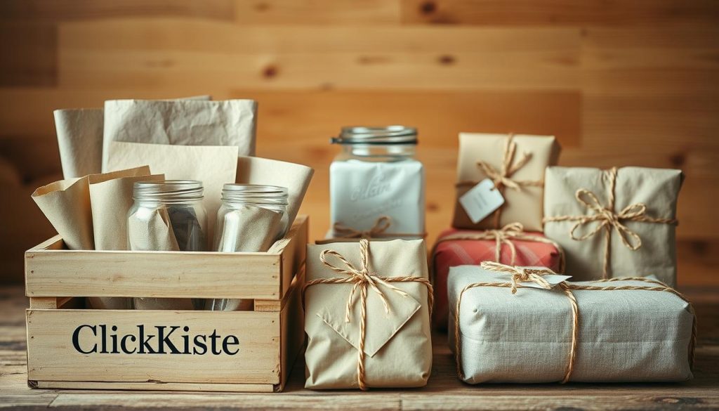 A still life arrangement showcasing a variety of zero-waste gift wrapping ideas. In the foreground, a rustic wooden crate labeled "KlickKiste" contains an assortment of natural materials - plain kraft paper, recycled glass jars, and fabric scraps in earthy tones of beige, white, and soft red. In the middle ground, carefully wrapped presents in these sustainable packaging alternatives are displayed, each tied with natural twine or ribbon. The background features a warm, softly lit scene with a wooden surface, highlighting the handcrafted, homemade feel of these DIY gift-wrapping solutions. The overall mood is cozy, minimalist, and environmentally conscious.
