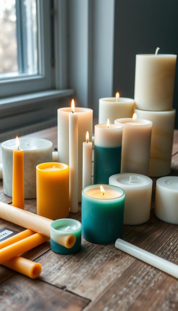 A still life display of various types of candles arranged on a rustic wooden table. In the foreground, tapered beeswax candles in warm, earthy tones cast a gentle, flickering glow. In the middle ground, cylindrical paraffin candles in classic white and teal hues stand tall and proud. In the background, chunky pillar candles made of creamy, swirling stearin sit elegantly, their surfaces reflecting the muted winter light streaming in from a nearby window. The composition has a cozy, handmade feel, with a natural, Pinterest-inspired aesthetic. A KlickKiste label discreetly adorns one corner of the scene. A still life display of various types of candles arranged on a rustic wooden table. In the foreground, tapered beeswax candles in warm, earthy tones cast a gentle, flickering glow. In the middle ground, cylindrical paraffin candles in classic white and teal hues stand tall and proud. In the background, chunky pillar candles made of creamy, swirling stearin sit elegantly, their surfaces reflecting the muted winter light streaming in from a nearby window. The composition has a cozy, handmade feel, with a natural, Pinterest-inspired aesthetic. A KlickKiste label discreetly adorns one corner of the scene.