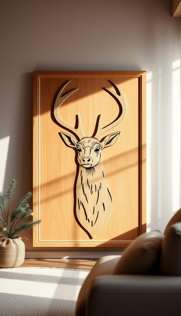A striking and elegant wooden panel featuring an intricate deer motif, gracefully carved and set against a backdrop of a soft, neutral-toned living room. The deer design should be the focal point, showcasing detailed antlers and a serene expression. Surrounding the panel, hints of winter decor such as minimalist pine branches and subtle fairy lights can be seen, contributing to a cozy atmosphere. The lighting is warm and inviting, casting gentle shadows to enhance the textures of the wood and the delicate features of the deer. The scene is photographed using a 50mm lens to create a shallow depth of field, blurring the background slightly while keeping the panel sharply in focus. Inspired by the aesthetic of KlickKiste and Pinterest trends for winter decor, this image conveys a sense of natural charm and effortless style.