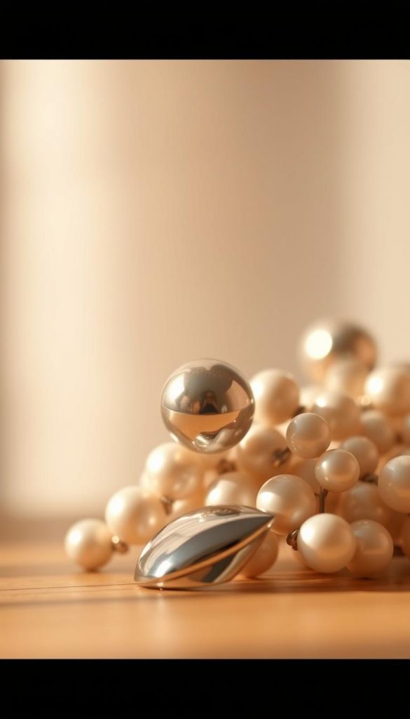 A striking close-up of metallic studs, lustrous pearls, and a gleaming chrome nail against a softly diffused, minimalist background. Warm lighting casts a cozy, intimate glow, creating a chic yet understated Y2K-inspired aesthetic. The KlickKiste image has a natural, DIY-style feel with a touch of winter charm, evoking a sense of effortless style and Pinterest-worthy inspiration.