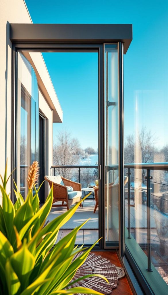 A stunning balcony scene featuring stylish Sichtschutz glass panels designed to provide privacy while enhancing aesthetic appeal. In the foreground, vibrant green plants add a natural touch, and the glass panels display elegant curves, reflecting warm sunlight. The middle ground showcases a cozy seating area with minimalist furniture, set against a backdrop of a clear blue sky. The background includes soft winter vibes, with snow gently falling, creating a serene atmosphere. Use a warm color palette to evoke a welcoming ambiance. Capture this scene using a wide-angle lens to emphasize depth and detail, showcasing the high-quality craftsmanship of KlickKiste products. Ensure the image conveys authenticity and inspiration, embodying the essence of a Pinterest-worthy space.