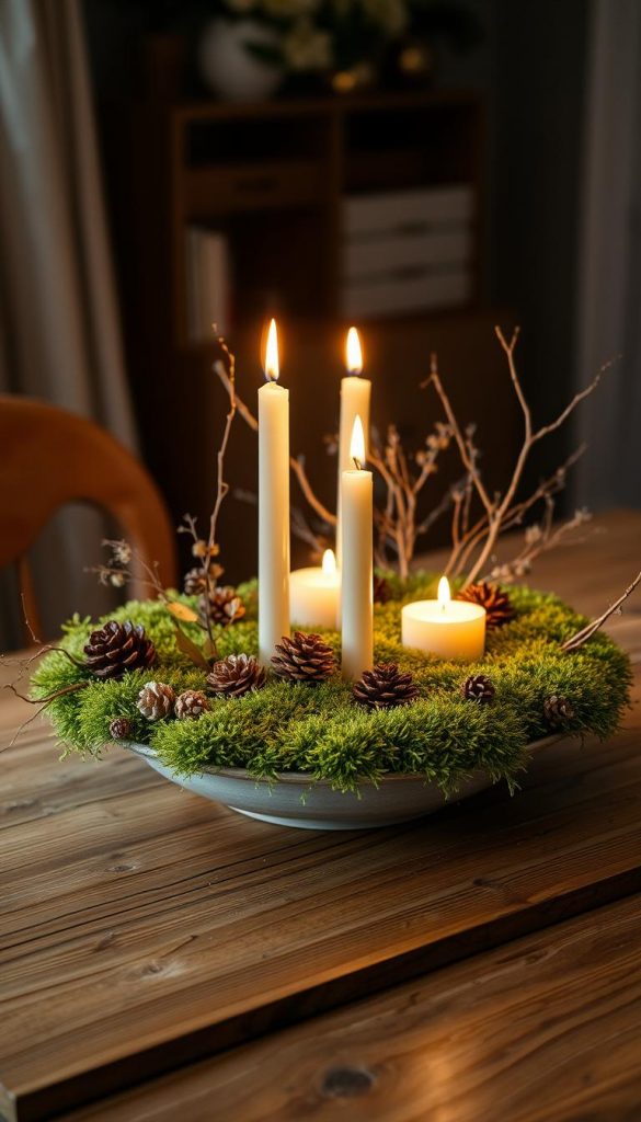 A stunning centerpiece arrangement on a wooden table, featuring a shallow bowl overflowing with lush, verdant moss. Flickering candlelight dances across the scene, casting a warm, intimate glow. The composition is enhanced by natural elements like pinecones, dried leaves, and delicate twigs, creating a cozy, winter-inspired atmosphere. Artfully arranged to evoke a sense of rustic elegance, this KlickKiste-inspired centerpiece embodies the 2025 home trend of sustainable, nature-driven decor.