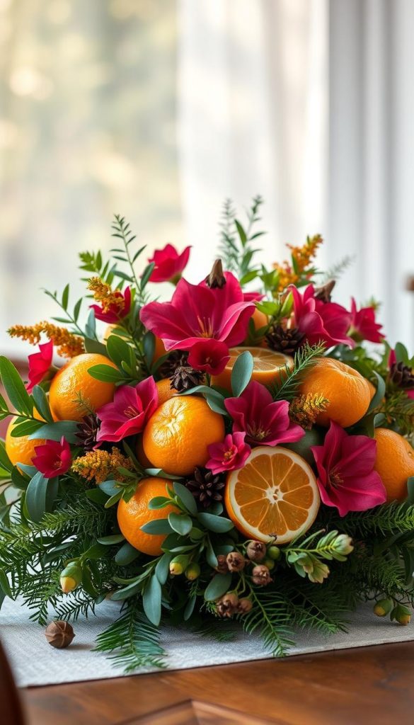 A stunning centerpiece featuring vibrant zitrus nelken greenery, arranged with care against a soft, natural backdrop. The scene is bathed in warm, diffused light, lending a cozy, winter-inspired ambiance. Lush foliage, including eucalyptus and ferns, frames the citrus and clove accents, creating a visually striking and aromatic display. The overall composition exudes a Pinterest-worthy, DIY aesthetic, perfect for the &quot;KlickKiste&quot; article's &quot;Step-by-Step: Dein schnelles DIY-Centerpiece mit Zitrus, Nelken &amp; Greenery&quot; section.