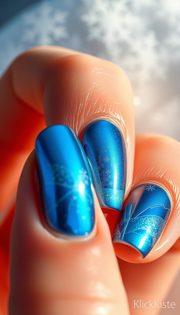 A stunning close-up of beautifully manicured nails showcasing an intricate design of blue chrome finish, reflecting glistening hues reminiscent of icy winter landscapes. The foreground focuses on three nails, each exhibiting a unique pattern and texture that evokes the calm depth of a deep lake. In the middle layer, a soft winter-themed backdrop features delicate snowflakes and frost patterns, adding a serene ambiance. Warm, natural lighting enhances the chrome effect, casting gentle reflections that create depth. The scene conveys an inspirational and cozy mood, perfect for a winter aesthetic. Add a subtle watermark of "KlickKiste" in the corner for branding.