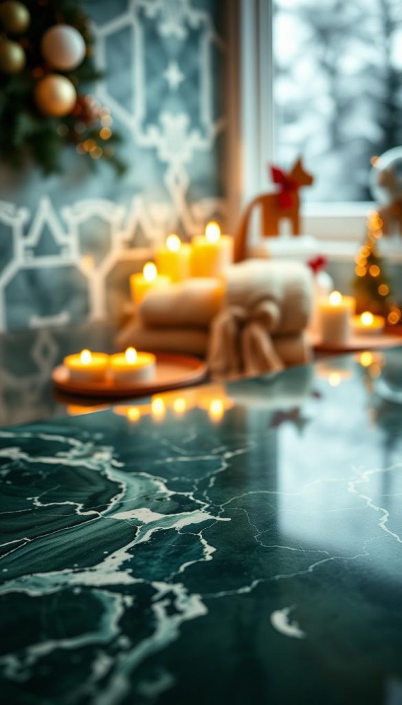 A stunning close-up of honed green marble, showcasing its rich textures and intricate veining in deep greens and subtle whites. The foreground features a polished marble surface, reflecting soft, warm candlelight that enhances the inviting atmosphere. In the middle ground, styled bath accessories like a plush towel and a cozy, knitted throw create an inviting winter vibe, arranged artfully around the marble. The background fades into a softly blurred winter-themed setting, with hints of evergreen and seasonal decor to evoke a sense of tranquility and self-care. The image is illuminated with warm, diffused lighting, captured with a shallow depth of field to focus on the exquisite marble while creating a serene, Pinterest-worthy aesthetic. Designed for KlickKiste, this composition conjures feelings of comfort and elegance for winter evenings.