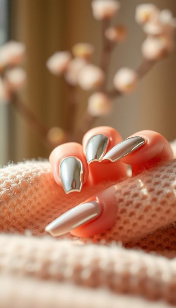 A stunning close-up of luxurious chrome finish French tip nails, elegantly displayed on a soft, textured surface that evokes a cozy yet modern atmosphere. The nails feature a glossy, reflective chrome effect, with the classic white tips radiating sophistication. In the background, a gentle bokeh effect softens warm, inviting colors reminiscent of early spring. Natural light filters in, creating subtle highlights and shadows that enhance the chrome's shine. The composition is shot at a slight angle, emphasizing the nails' sleek form and allowing the viewer to appreciate the intricate detailing. This image embodies the aesthetic of “KlickKiste,” blending modern elegance with DIY charm, perfect for inspiring your Spring nail art collection.
