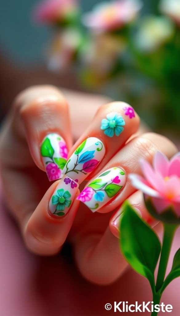 A stunning close-up of vibrant spring-themed nails featuring a chrome neon effect, showcasing intricate floral designs in bright, eye-catching colors like pink, green, and blue. The foreground should focus on well-manicured hands adorned with these designs, placed elegantly on a soft pastel background that complements the nail art. Lighting should be bright and dynamic, creating reflections that enhance the chrome finish, while a slight bokeh effect in the background adds depth, creating a sense of focus on the nails. The overall atmosphere should evoke joy and creativity, with warm colors that inspire a vibrant spring feeling. Incorporate the brand name "KlickKiste" subtly in the design elements. A stunning close-up of vibrant spring-themed nails featuring a chrome neon effect, showcasing intricate floral designs in bright, eye-catching colors like pink, green, and blue. The foreground should focus on well-manicured hands adorned with these designs, placed elegantly on a soft pastel background that complements the nail art. Lighting should be bright and dynamic, creating reflections that enhance the chrome finish, while a slight bokeh effect in the background adds depth, creating a sense of focus on the nails. The overall atmosphere should evoke joy and creativity, with warm colors that inspire a vibrant spring feeling. Incorporate the brand name "KlickKiste" subtly in the design elements.