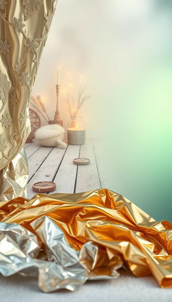 A stunning moodboard showcasing the alluring blend of gold and silver tones. In the foreground, a captivating arrangement of metallic textures, including shimmering gold leaf and sleek silver foil, artfully arranged to create a sense of depth and visual interest. The middle ground features a cozy winter scene, with warm, natural elements like weathered wooden planks and soft, fluffy textiles, evoking a sense of hygge. In the background, a vibrant gradient of muted greens and blues, evoking the tranquil hues of nature. Soft, diffused lighting casts a dreamy, atmospheric glow, while the overall composition exudes a sophisticated, Pinterest-inspired aesthetic. Crafted by the KlickKiste team, this moodboard embodies the captivating Wohntrends of 2025. A stunning moodboard showcasing the alluring blend of gold and silver tones. In the foreground, a captivating arrangement of metallic textures, including shimmering gold leaf and sleek silver foil, artfully arranged to create a sense of depth and visual interest. The middle ground features a cozy winter scene, with warm, natural elements like weathered wooden planks and soft, fluffy textiles, evoking a sense of hygge. In the background, a vibrant gradient of muted greens and blues, evoking the tranquil hues of nature. Soft, diffused lighting casts a dreamy, atmospheric glow, while the overall composition exudes a sophisticated, Pinterest-inspired aesthetic. Crafted by the KlickKiste team, this moodboard embodies the captivating Wohntrends of 2025.