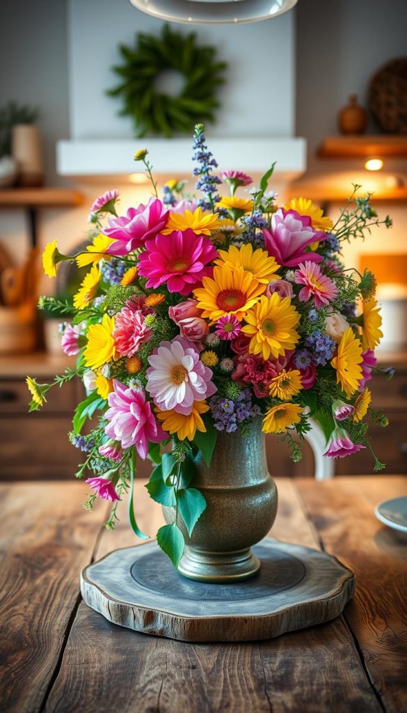 A stunning spring centerpiece featuring a vibrant floral arrangement that showcases a mix of bold and delicate blooms. In the foreground, a rustic wooden table is adorned with a beautifully crafted vase overflowing with an array of flowers in vivid colors like deep pink, bright yellow, and soft lavender. Wispy greenery and delicate petals spill over the sides, creating a lush, inviting look. In the middle ground, soft, warm lighting casts a gentle glow, highlighting the textures of the flowers and the natural elements around them. The background features a softly blurred kitchen setting, decorated with elements of earthy tones that enhance the overall spring theme. Capture this moment with a slightly elevated angle, creating a sense of intimacy and warmth. This composition embodies a DIY aesthetic, inspired by a Pinterest look, ideal for enhancing the ambiance of any spring gathering with authentic charm, as seen in KlickKiste's style.