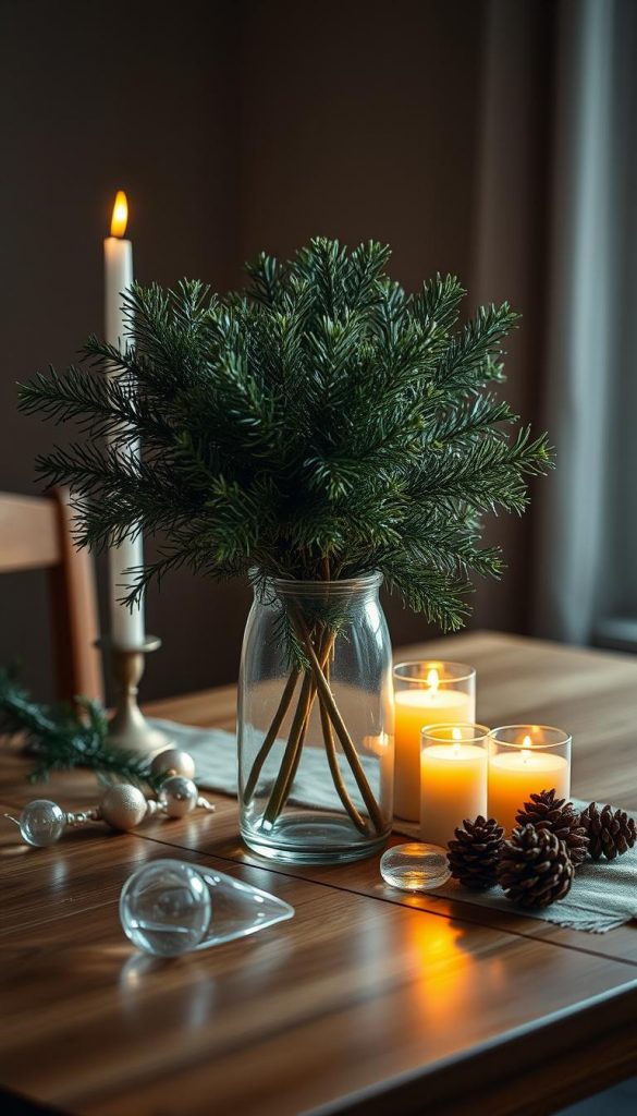 A stunning winter still life featuring a delicate glass vase filled with lush, evergreen foliage. The vase is positioned on a wooden table, its smooth surface reflecting the warm glow of candlelight. Soft, diffused lighting from the side casts a gentle, moody atmosphere, highlighting the crystalline transparency and subtle refractions of the glass. Nearby, a scattering of glass ornaments and pine cones add a touch of rustic, festive charm, while the overall composition evokes a sense of cozy, natural elegance. The image exudes a serene, Pinterest-worthy ambiance, perfect for illustrating a section on holiday table decor with a focus on glass, reflections, and a touch of winter magic.