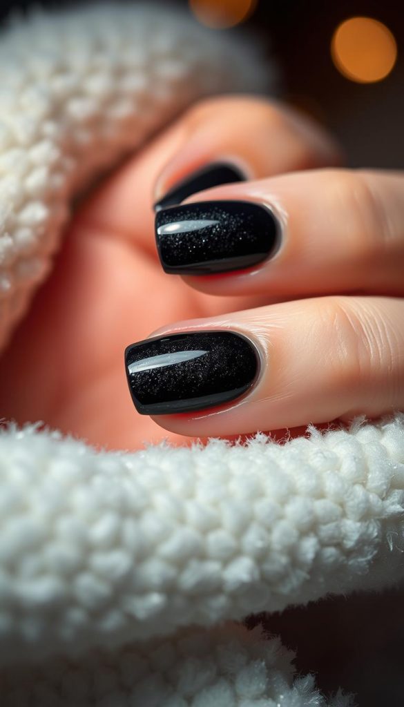 A stunningly elegant black nail design with a mesmerizing, shimmering finish. The nails have a smooth, glossy surface that catches the light, creating a sophisticated and captivating look. The black color is deep and rich, with subtle variations that add depth and texture. The lighting is soft and diffused, casting a warm, romantic glow that enhances the luxurious feel of the nails. The composition is clean and minimalist, allowing the beautiful nail art to take center stage. The overall mood is one of refined elegance, perfect for a cozy and chic winter setting.