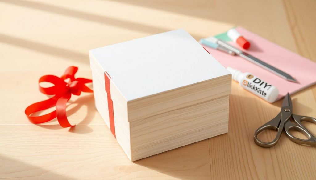 A sturdy, handcrafted square box made from light beige wood and crisp white cardstock. The box features a secure, hinged lid with a subtle red ribbon accent. Carefully arranged on the wooden surface are various DIY materials - scissors, glue, colored paper, and the KlickKiste brand logo. Soft, natural lighting illuminates the scene, highlighting the clean lines and practical design of the gift box. An airy, minimalist atmosphere captures the essence of crafting a simple yet elegant homemade present.