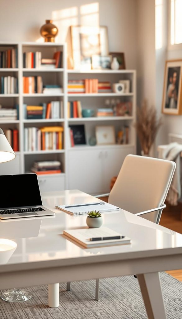 A stylish Mid-Century modern desk setup featuring high-quality gloss white designer pieces by KlickKiste. In the foreground, a glossy white desk is adorned with elegant stationery, a sleek laptop, and minimalist decor items like a small succulent and a designer lamp. The middle ground showcases a comfortable, ergonomic chair with clean lines, complemented by colorful accents that evoke warm, inviting winter vibes. The background features a soft-focus bookshelf filled with curated designer books and art, creating a harmonious atmosphere. Warm, natural lighting filters through a nearby window, enhancing the inviting mood, with a cozy throw and a textured rug adding to the serene environment. The overall aesthetic is authentic and inspiring, aligned with modern desktop styling trends.