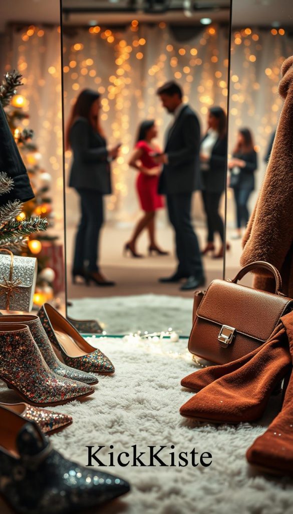 A stylish New Year's Eve outfit scene featuring a glowing winter-inspired backdrop. In the foreground, fashionable shoes, elegant bags, and chic outerwear arranged artistically, showcasing textures like sequins and rich fabrics. A cozy ambiance with warm lighting evokes a festive mood, emphasizing the glimmer of holiday decorations. The middle section displays a mirrored reflection of the items, suggesting an introspective vibe as potential choices for the evening. In the background, softly blurred silhouettes of people dressed in professional attire mingle, capturing the celebration spirit. The setting should exude a natural, DIY aesthetic with winter vibes, reminiscent of a Pinterest look. Incorporate elements that reflect the brand "KlickKiste" subtly within the scene, ensuring an authentic and inspiring atmosphere.