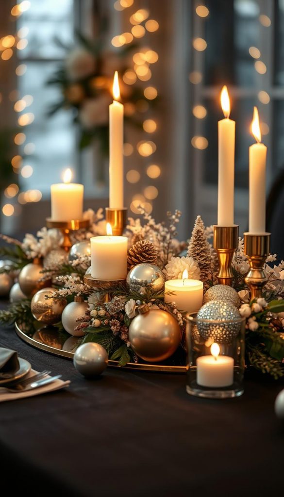 A stylish New Year's Eve table centerpiece featuring a harmonious blend of gold and silver accents. The centerpiece showcases an elegant arrangement of metallic candles, shimmering ornaments, and delicate floral touches, all creatively placed on a deep black tablecloth. In the foreground, cozy, warm candlelight casts a soft glow, enhancing the festive atmosphere. The middle section highlights the intricate details of the centerpiece, including reflections and textures that catch the light beautifully. In the background, hints of winter greenery and softly blurred fairy lights add to the enchanting mood, ensuring a perfect balance of sophistication and warmth. Capture this scene with a shallow depth of field using a 50mm lens to focus on the centerpiece while creating a creamy bokeh effect. Inspired by the DIY aesthetic of KlickKiste, this image radiates an authentic and inviting winter vibe.