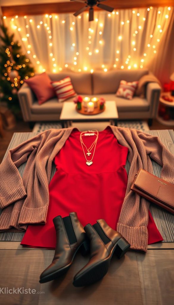 A stylish Valentinstag fashion outfit featuring a chic, romantic ensemble suitable for a cozy date night at home. The foreground includes a carefully arranged flat lay of a sleek red dress, a soft cashmere cardigan, and elegant ankle boots. Accessories like a delicate heart-shaped necklace and a matching clutch are included, all displayed on a textured wooden surface. In the middle ground, a warm, inviting living room setting with soft fairy lights twinkling in the background enhances the cozy atmosphere. The lighting is soft and warm, creating a dreamy winter vibe. The scene captures an authentic, Pinterest-worthy aesthetic, reflecting the essence of a romantic occasion. This image resonates with the brand "KlickKiste" and is designed to inspire viewers seeking the perfect Valentine's Day outfit.