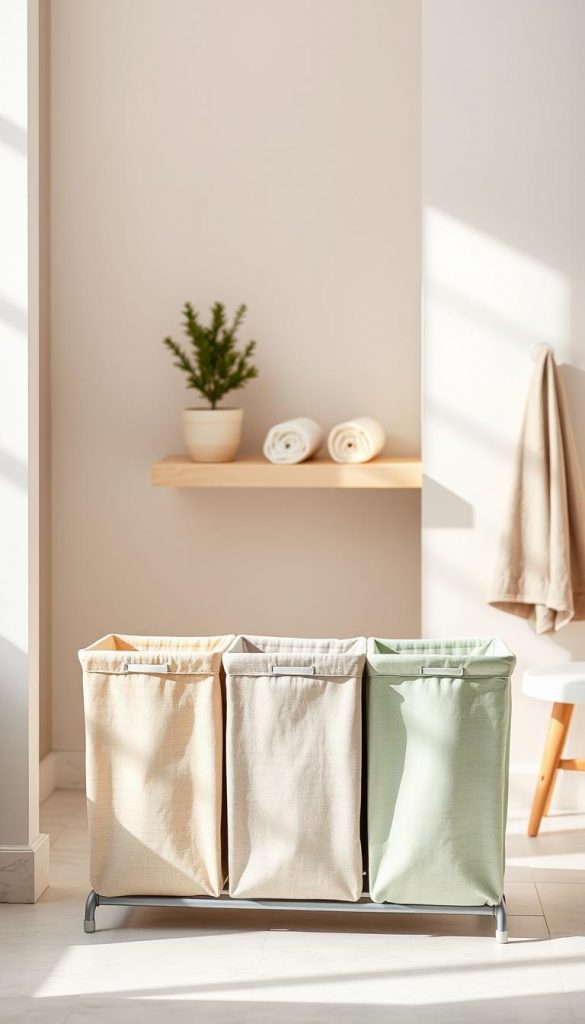 A stylish Wäschesortierer VASAGLE from the brand KlickKiste, prominently displayed in a modern bathroom setting. In the foreground, the laundry sorter features three fabric bins in soft, natural colors like beige, grey, and light green, neatly organized. In the middle, a light wooden shelf holds a few bathroom essentials like rolled towels and a decorative plant, enhancing the tidy atmosphere. The background includes soft, warm lighting that mimics natural daylight, casting gentle shadows and highlighting the texture of the materials. The overall mood is serene and inviting, evoking winter vibes and a cozy, Pinterest-inspired aesthetic. The composition should focus on the functionality and stylish design of the laundry sorter, presented in a clean and clutter-free environment.