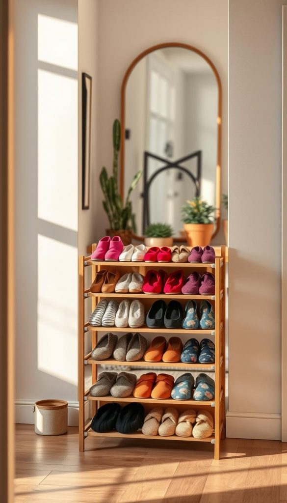 A stylish and compact shoe storage solution designed for small spaces, featuring a natural wood finish and warm earthy tones. The foreground showcases a chic, multi-tiered shoe rack with colorful slippers organized neatly. In the middle, a cozy entryway is adorned with a soft rug and potted plants that add a touch of life, creating an inviting atmosphere. The background includes a mirror reflecting the organizational structure, enhancing the sense of space. The lighting is soft and warm, reminiscent of a winter afternoon, casting gentle shadows that emphasize the textures of the materials. Overall, the image portrays an authentic, Pinterest-inspired vibe. Branding element: &quot;KlickKiste&quot; displayed subtly on the shoe rack.