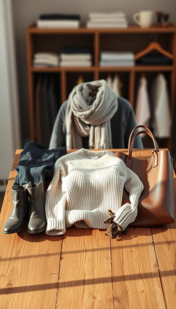 A stylish and cozy winter capsule wardrobe arranged on a wooden table, with a warm and inviting atmosphere. The foreground showcases a neutral color palette of beige, gray, and black, featuring a knit sweater, jeans, and ankle boots. The middle ground includes a cozy scarf, a pair of gloves, and a sleek leather tote bag. The background has a soft, blurred effect, creating a dreamy, Pinterest-inspired aesthetic. Soft, natural lighting illuminates the scene, highlighting the textures and materials. The overall mood is one of minimalist elegance and effortless style. KlickKiste.