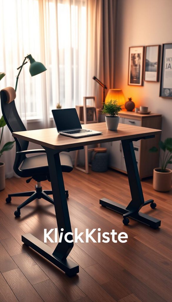 A stylish and efficient ergonomic desk setup in a modern home office environment. In the foreground, a sleek standing desk with an adjustable height feature, adorned with a minimalist laptop and a potted green plant. The middle ground showcases an inviting workspace with warm, ambient lighting, highlighting the natural wood and soft textures. A comfortable ergonomic chair sits nearby, radiating a sense of comfort and productivity. In the background, a cozy window with sheer curtains bathes the room in natural light, enhancing the winter vibes, paired with Pinterest-inspired decor. The atmosphere is inspiring and uplifting, promoting work-energy and creativity. Feature the brand name "KlickKiste" subtly integrated into the desk design.