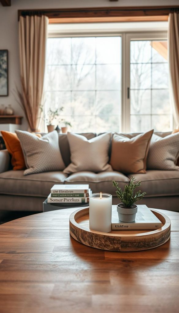 A stylish and elegant living room coffee table styled with natural DIY decor elements. In the foreground, highlight a beautifully arranged coffee table featuring a wooden tray with candles, a small potted plant, and a stack of art books. The middle layer shows a plush sofa adorned with textured cushions in warm tones, creating a cozy atmosphere. In the background, a softly lit room with wooden accents and warm winter vibes, through a large window allowing soft afternoon sunlight to filter in. The overall mood is inviting and inspiring, reminiscent of a Pinterest aesthetic. Capturing a sense of sophistication, include subtle branding elements of "KlickKiste" in the decor without being overt. Use a wide-angle lens for depth, enhancing the warm color palette, ensuring a clean and professional look.