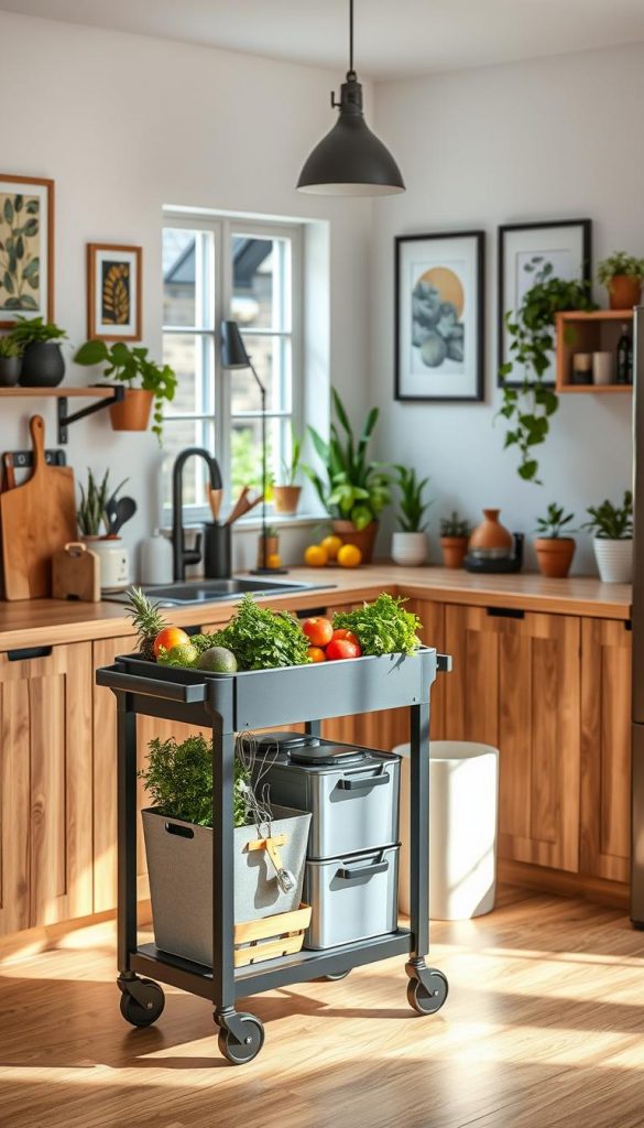 A stylish and functional kitchen workspace featuring a modern "arbeitsfläche servierwagen" from the brand "KlickKiste". In the foreground, the servierwagen is elegantly arranged with fresh herbs, colorful fruits, and kitchen utensils. The middle section showcases a sleek countertop with warm wooden tones, complemented by vibrant kitchen decor. In the background, bright natural light streams in through a window, illuminating a cozy kitchen atmosphere filled with plants and tasteful wall art. The angle is slightly elevated, capturing the essence of efficient organization and inviting warmth. The image evokes a serene and inspiring vibe, perfect for a small kitchen setting, highlighting flexible solutions for maximizing workspace.