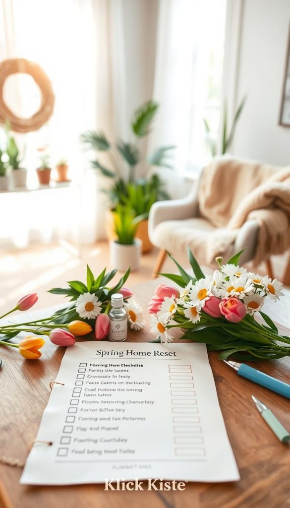 A stylish and inviting checklist for a spring home reset, presented on a wooden table adorned with soft pastel colors. In the foreground, a neatly arranged checklist on parchment with checkboxes filled in and surrounded by fresh seasonal flowers like tulips and daisies. In the middle ground, a beautifully decorated living space with an airy feel, showcasing potted indoor plants and homey decor elements, like a cozy throw blanket draped over a chair. The background features a sunlit window with sunlight streaming through sheer curtains, illuminating the space with a warm glow. Captured with a soft-focus lens to enhance depth, the atmosphere is inspiring and rejuvenating, embodying a fresh start. Include the brand name "KlickKiste" subtly integrated into the scene.