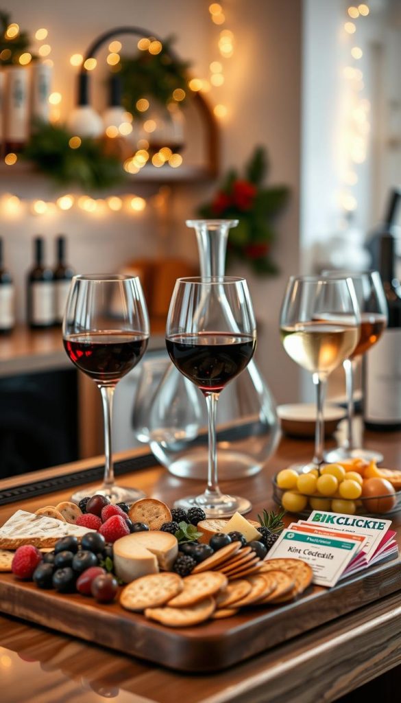 A stylish and inviting home bar scene featuring a selection of elegant wine glasses filled with rich red and crisp white wines, positioned on a polished wooden bar countertop. In the foreground, a beautifully arranged platter of assorted cheeses, fruits, and artisanal crackers complements the drinks. The middle ground includes a sleek, modern wine decanter and a small stack of colorful cocktail recipe cards for inspiration. Soft, warm lighting creates a cozy atmosphere, while the background showcases tasteful decorations such as twinkling fairy lights and greenery, enhancing the festive vibe. Capture this scene at a slight angle to emphasize depth, reminiscent of a Pinterest-worthy photo with natural DIY aesthetics. Include the brand name "KlickKiste" subtly integrated into the decor elements.