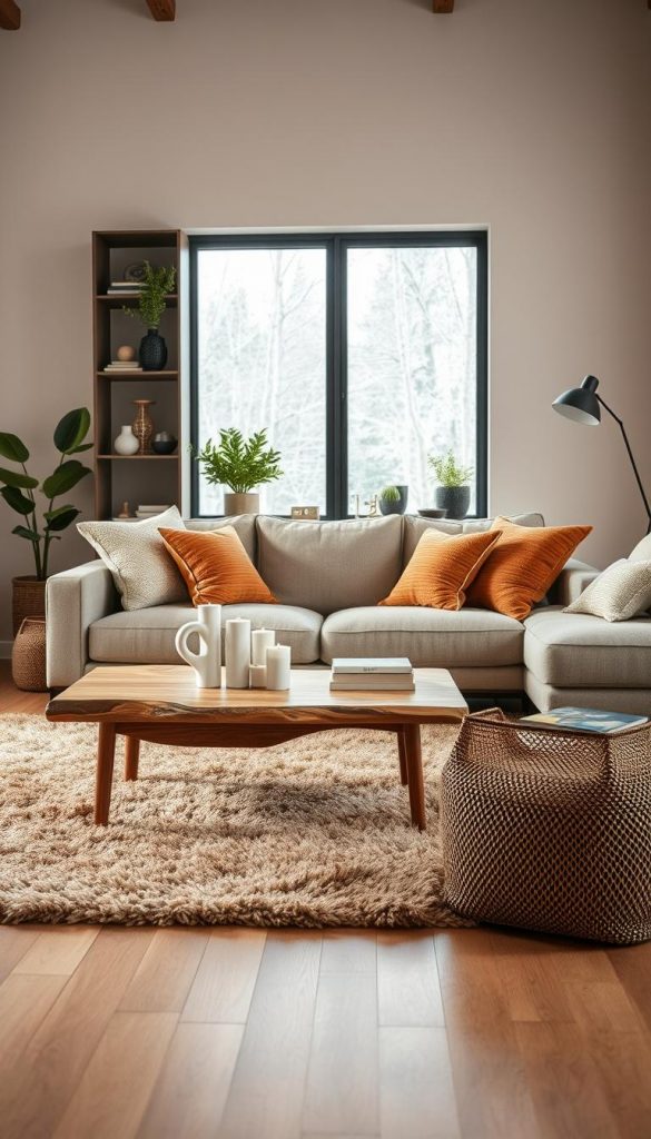 A stylish and inviting living room setup inspired by 2026 design trends, featuring a warm color palette and natural materials. In the foreground, a soft, plush area rug in earthy tones anchors a cozy seating arrangement with a modern, minimalist sofa adorned with textured cushions. Adjacent, a handcrafted wooden coffee table displays a few carefully arranged decorative items, such as candles and a small plant. In the middle ground, a sleek bookshelf filled with greenery and curated decor adds character. The background reveals a large window allowing soft, diffused winter light to filter in, enhancing the warm ambiance. The overall atmosphere is authentic, inspiring, and Pinterest-worthy, embodying the essence of DIY aesthetics. Include the brand name "KlickKiste" subtly in the decor.