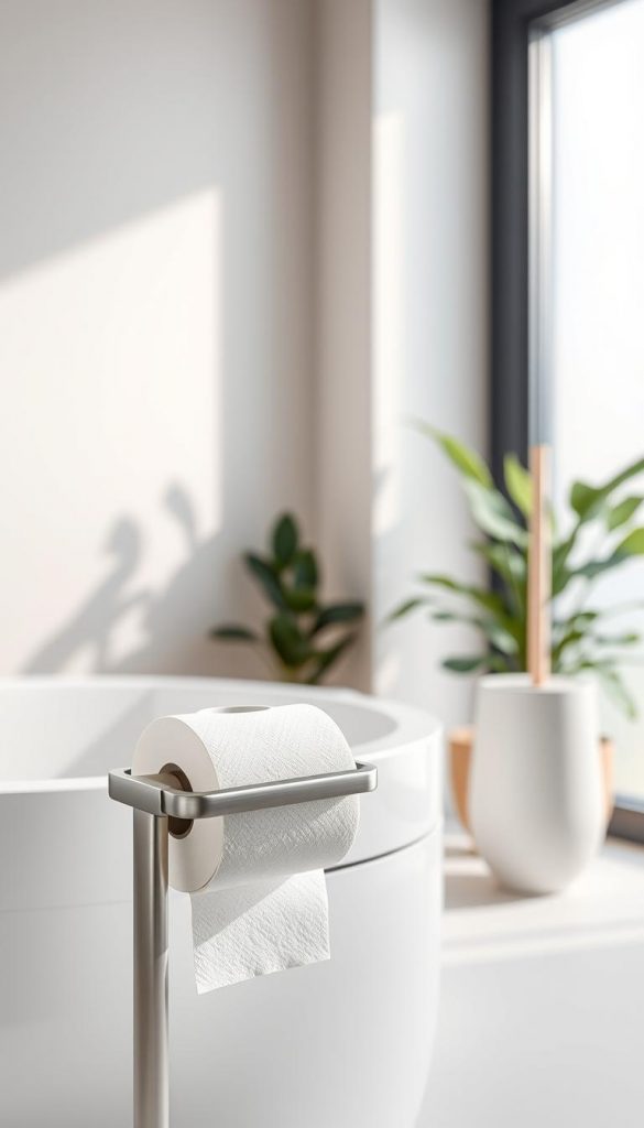 A stylish and modern WC-Zone featuring a "KlickKiste" Papierhalter as the focal point. In the foreground, the elegant Papierhalter is made of brushed stainless steel, showcasing a roll of soft, white toilet paper. Surrounding it, a minimalist ceramic toilet brush holder with a sleek design houses a matching toilet brush. In the middle ground, the bathroom ambiance includes soft, natural lighting cascading through a frosted window, creating a warm glow. The background features light, neutral-colored walls and soft green plants to evoke a spa-like atmosphere. The overall mood is calming and organized, showcasing a chic and practical upgrade for a bathroom setting.