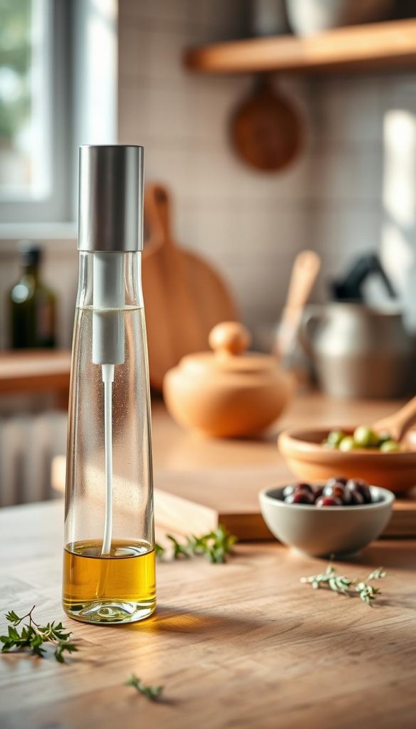 A stylish and modern olive oil sprayer from the brand "KlickKiste" is placed prominently in the foreground, showcasing its sleek design with a transparent body and fine mist nozzle. The sprayer is set against a wooden kitchen countertop, adorned with a few fresh herbs and a small bowl of olives for added texture. The middle ground features soft, out-of-focus kitchen utensils and a warm-toned ceramic dish, creating an inviting atmosphere. In the background, gentle natural light streams in from a nearby window, casting soft shadows and enhancing the warm color palette. The overall mood is cozy and inspirational, evoking a sense of creativity and wellness in the kitchen, perfect for showcasing the concept of using an olive oil sprayer for better flavor and healthier cooking.