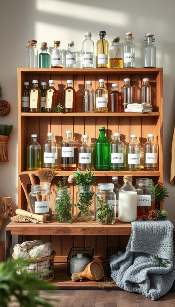 A stylish and organized storage space for bottles and containers, emphasizing care, cleanliness, and safety. In the foreground, a neatly arranged wooden shelf holds a variety of glass and plastic bottles labeled with eco-friendly tags, surrounded by natural cleaning tools like brushes and cloths. In the middle, a rustic table displays fresh herbs and DIY cleaning solutions in clear jars, reflecting a warm, inviting ambiance. The background should feature soft, diffused lighting that casts gentle shadows, enhancing the cozy winter vibes. Incorporate natural elements like wooden textures and greenery. Overall, the image exudes an authentic Pinterest aesthetic, showcasing the brand "KlickKiste" through subtle branding on labels. A stylish and organized storage space for bottles and containers, emphasizing care, cleanliness, and safety. In the foreground, a neatly arranged wooden shelf holds a variety of glass and plastic bottles labeled with eco-friendly tags, surrounded by natural cleaning tools like brushes and cloths. In the middle, a rustic table displays fresh herbs and DIY cleaning solutions in clear jars, reflecting a warm, inviting ambiance. The background should feature soft, diffused lighting that casts gentle shadows, enhancing the cozy winter vibes. Incorporate natural elements like wooden textures and greenery. Overall, the image exudes an authentic Pinterest aesthetic, showcasing the brand "KlickKiste" through subtle branding on labels.