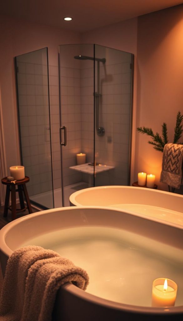 A stylish and practical shower tub combination, showcasing a cozy winter evening ambiance. The foreground features a modern, freestanding bathtub filled with warm, inviting water, surrounded by soft, fluffy towels and a gently flickering candle. In the middle ground, a sleek glass shower enclosure reflects soft, diffused lighting, enhancing the warmth of the scene. The background includes a subtle winter-themed decor, such as evergreen branches and a faux fur throw draped nearby, contributing to a Pinterest-inspired aesthetic. The overall lighting is warm and inviting, casting a soft glow that evokes a sense of tranquility. Capture this intimate setting with a slight overhead angle to emphasize comfort and relaxation, embodying the essence of self-care and winter vibes. Brand name: KlickKiste.