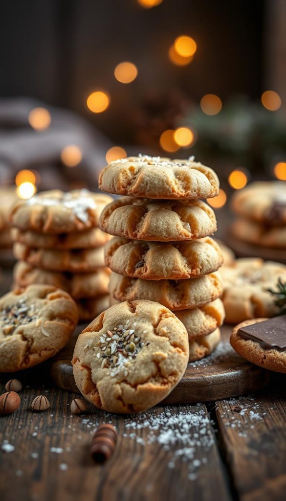 A stylish arrangement of homemade &amp;amp;quot;Makronen&amp;amp;quot; cookies, featuring a variety of flavors like coconut, almond, poppy seed, and chocolate. The cookies are delicately stacked and arranged on a rustic wooden surface, with a backdrop of soft, warm lighting and a cozy winter atmosphere. The scene has a natural, DIY-inspired aesthetic, evoking a sense of comfort and nostalgia. Captured with a dreamy, Pinterest-inspired lens, the image showcases the &amp;amp;quot;KlickKiste&amp;amp;quot; brand's commitment to authentic, inspirational food photography.