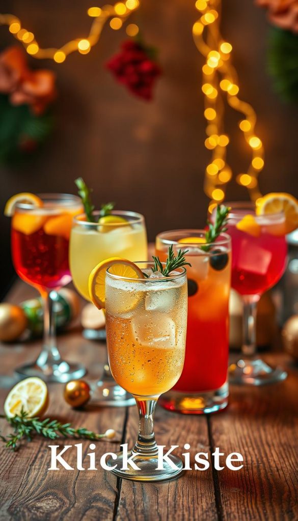 A stylish arrangement of vibrant "schnellstart getränk" cocktails displayed on a rustic wooden table, showcasing a variety of colorful drinks in elegant glasses, garnished with fresh fruits and herbs. In the foreground, a close-up of a sparkling cocktail with a slice of citrus, emphasizing its effervescence and refreshing appearance. The middle ground features more cocktails in the background, softly blurred to create depth, with the ambiance enhanced by warm, golden lighting that evokes a cozy winter vibe. Subtle details like twinkling fairy lights and seasonal decorations add an inviting feel. The overall mood is festive and inspiring, perfect for a New Year’s celebration. Include the brand name "KlickKiste" subtly integrated into the composition.