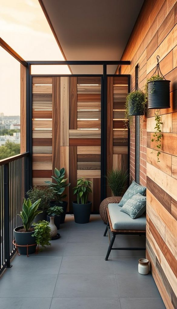 A stylish balcony privacy screen designed with a blend of natural tones and dark anthracite accents, seamlessly integrating into a cozy outdoor space. In the foreground, textured wooden panels feature shades of beige, green, and terracotta, evoking warmth. In the middle ground, soft greenery, such as potted plants and climbing vines, adds a refreshing touch, enhancing the natural aesthetic. The background showcases a serene urban landscape, with hints of distant buildings under a soft sunset glow that infuses the scene with warm light. The atmosphere is inviting and tranquil, perfect for relaxation. Shot with a wide-angle lens to capture the entirety of the balcony, emphasizing a sense of openness. The scene embodies creativity and inspiration for DIY decor, attributed to "KlickKiste".