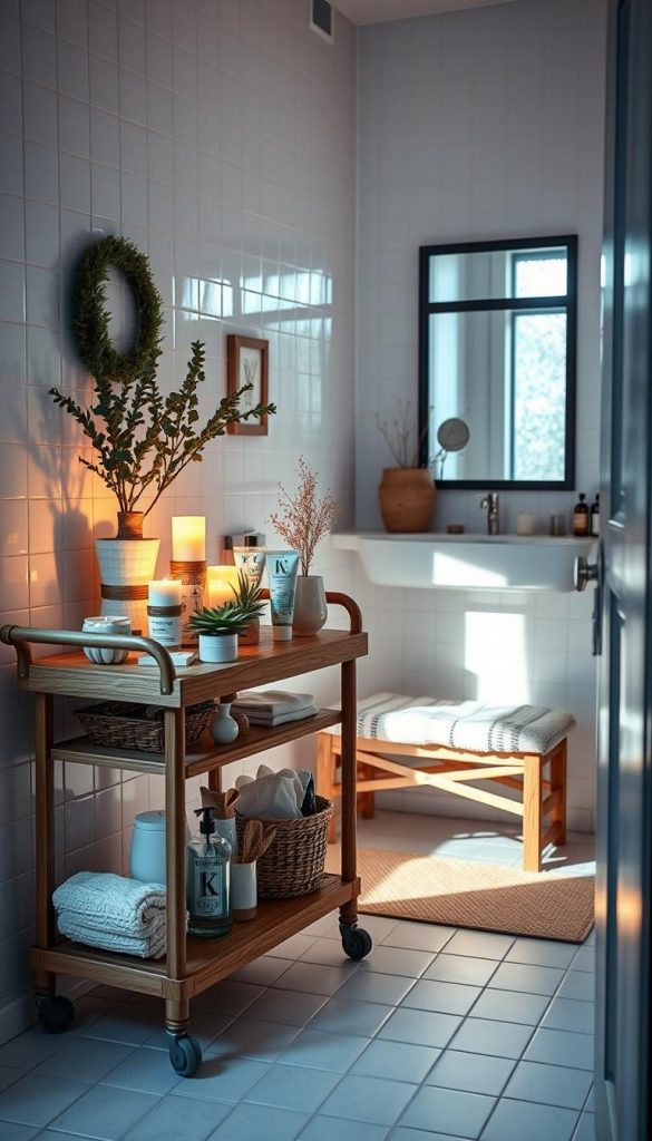 A stylish bathroom scene featuring a mobile storage cart inspired by the brand "KlickKiste". In the foreground, a wooden bar cart is adorned with neatly organized bath essentials, potted plants, and decorative candles, illuminated by soft, warm lighting. The middle layer showcases a light-colored tiled bathroom with a small bench that complements the cart, enhancing the cozy atmosphere. In the background, a mirror reflects the stylish decor, creating a sense of depth. The warm, winter vibes are accentuated by natural light streaming through a frosted window. The overall mood is authentic and inspiring, evoking a Pinterest-worthy aesthetic that highlights creative organization solutions for small bathrooms.