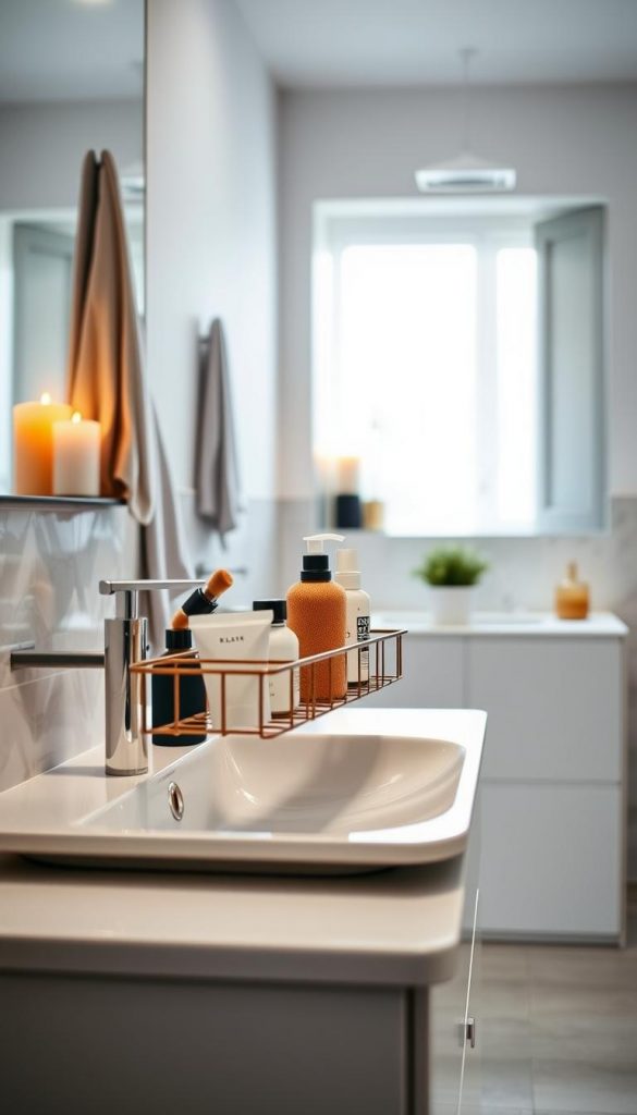 A stylish bathroom scene featuring a "KlickKiste" Waschbecken Ordnung Caddy elegantly arranged on a sleek, modern sink. In the foreground, the caddy holds essential toiletries and beauty products, artfully displayed with warm colors and a cozy winter vibe. The middle ground showcases a beautifully curated bathroom with soft, natural lighting illuminating the space. Subtle decor elements like candles and a small potted plant add authenticity and inspiration. The background features a clean mirror reflecting the scene, enhancing the sense of order and tranquility. Capture this intimate atmosphere with a softly blurred depth of field, inviting viewers into a serene, organized bathroom experience that embodies spa-like elegance.