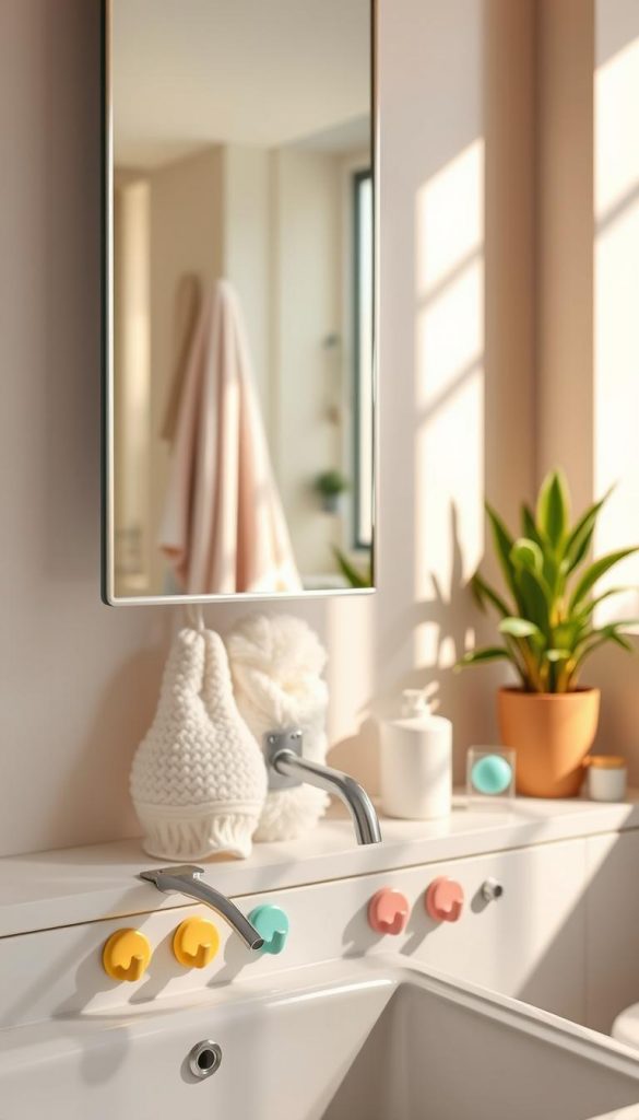 A stylish bathroom scene showcasing a variety of suction cup hooks designed for organization, particularly from the brand "KlickKiste". In the foreground, focus on elegantly arranged suction hooks in pastel colors, displaying items like hanging towels and loofahs. The middle layer should feature a sleek, modern mirror reflecting natural light, enhancing the warm, cozy ambiance. The background could include soft-tiled walls with potted plants, creating a spa-like atmosphere. Utilize soft, diffused lighting to evoke a sense of warmth and tranquility, with an inviting angle that captures the entire setting. The overall mood should inspire a DIY aesthetic with winter vibes, reflecting authenticity and inspiration for bathroom organization.