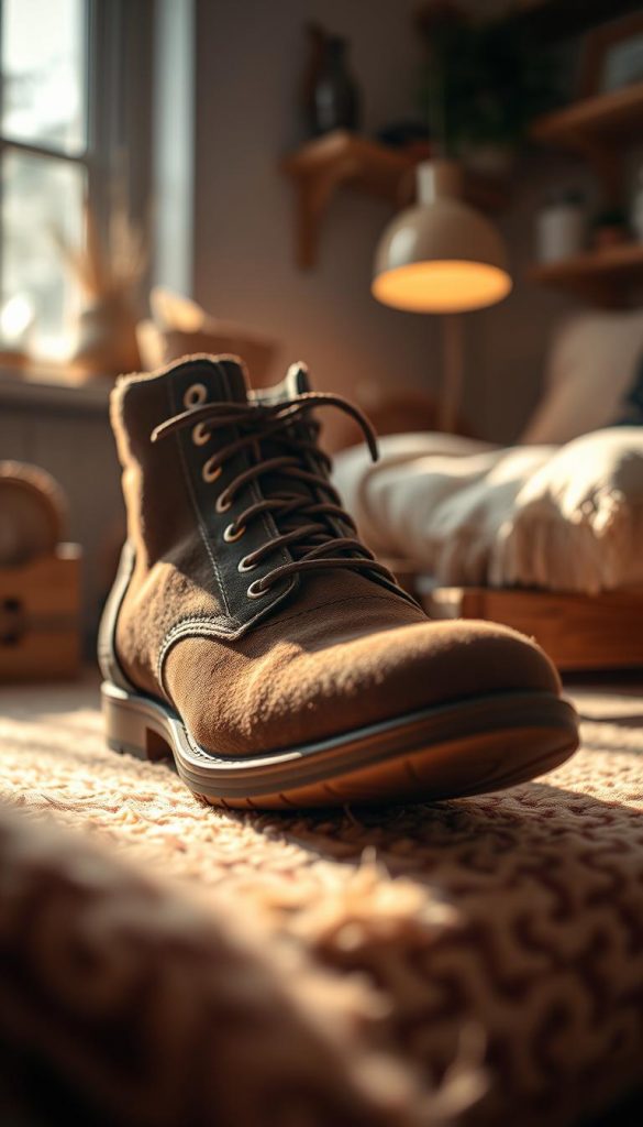 A stylish close-up of a beautifully designed shoe by KlickKiste, featuring rich textures and colors that evoke winter vibes. In the foreground, showcase intricate details like soft, warm fabric and geometric patterns, emphasizing the shoe's elegant craftsmanship. In the middle ground, include a subtle play of light reflecting off the shoe, highlighting its materials—perhaps leather and felt—while casting gentle shadows that add depth. The background should comprise a cozy, softly lit room that suggests a harmonious, homey atmosphere, adorned with warm, inviting colors and DIY elements. The overall mood is authentic and inspiring, capturing the essence of stylish domestic organization. The scene has a Pinterest-worthy aesthetic, designed to engage viewers with its inviting and stylish presentation.